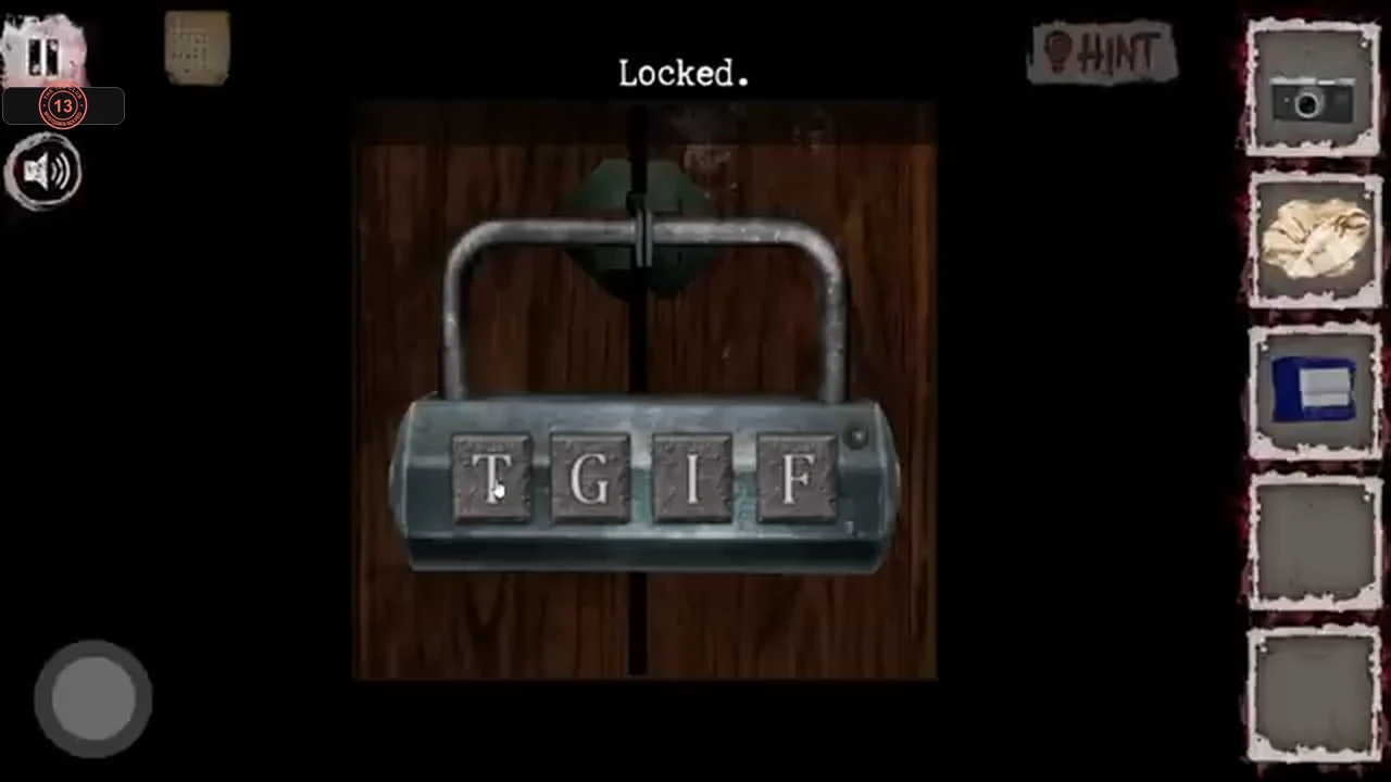 Four-letter padlock showing TGIF on a wooden door with the message Locked