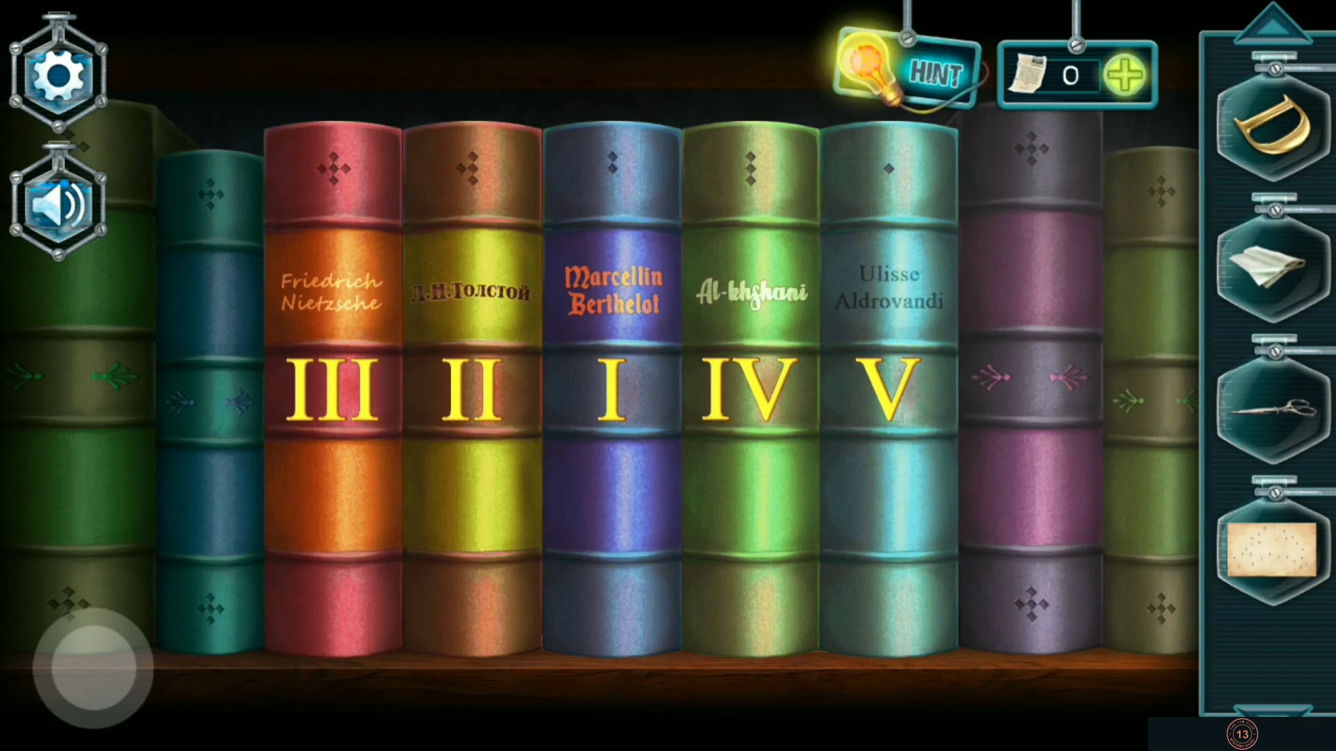 Five numbered books on the living-room shelf in the starting order III, II, I, IV, V