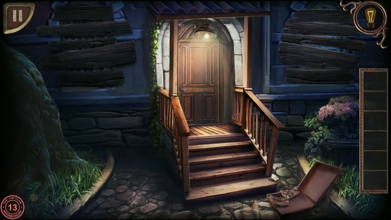 The porch of the house with boarded-up windows on both sides of the front door and an open pizza box by the steps.