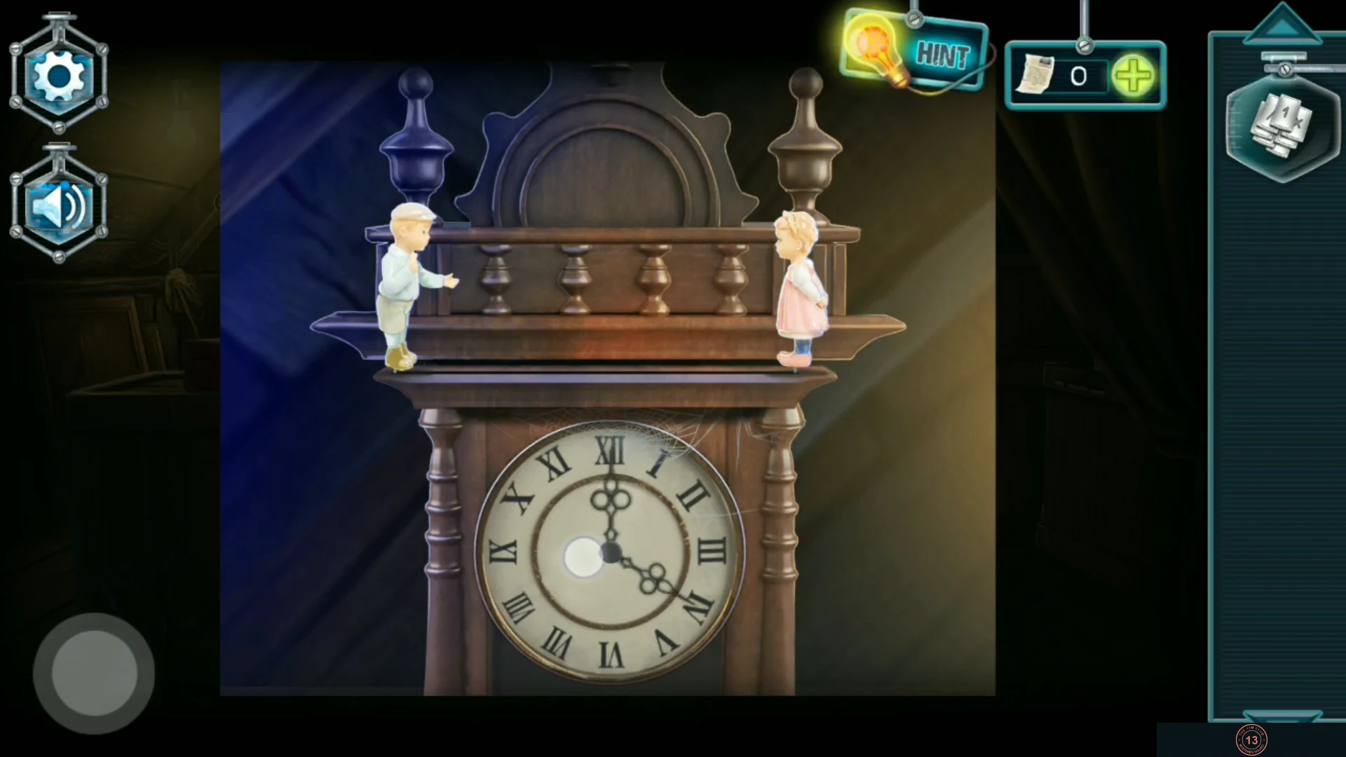 Grandfather clock in the attic with boy and girl figures on top