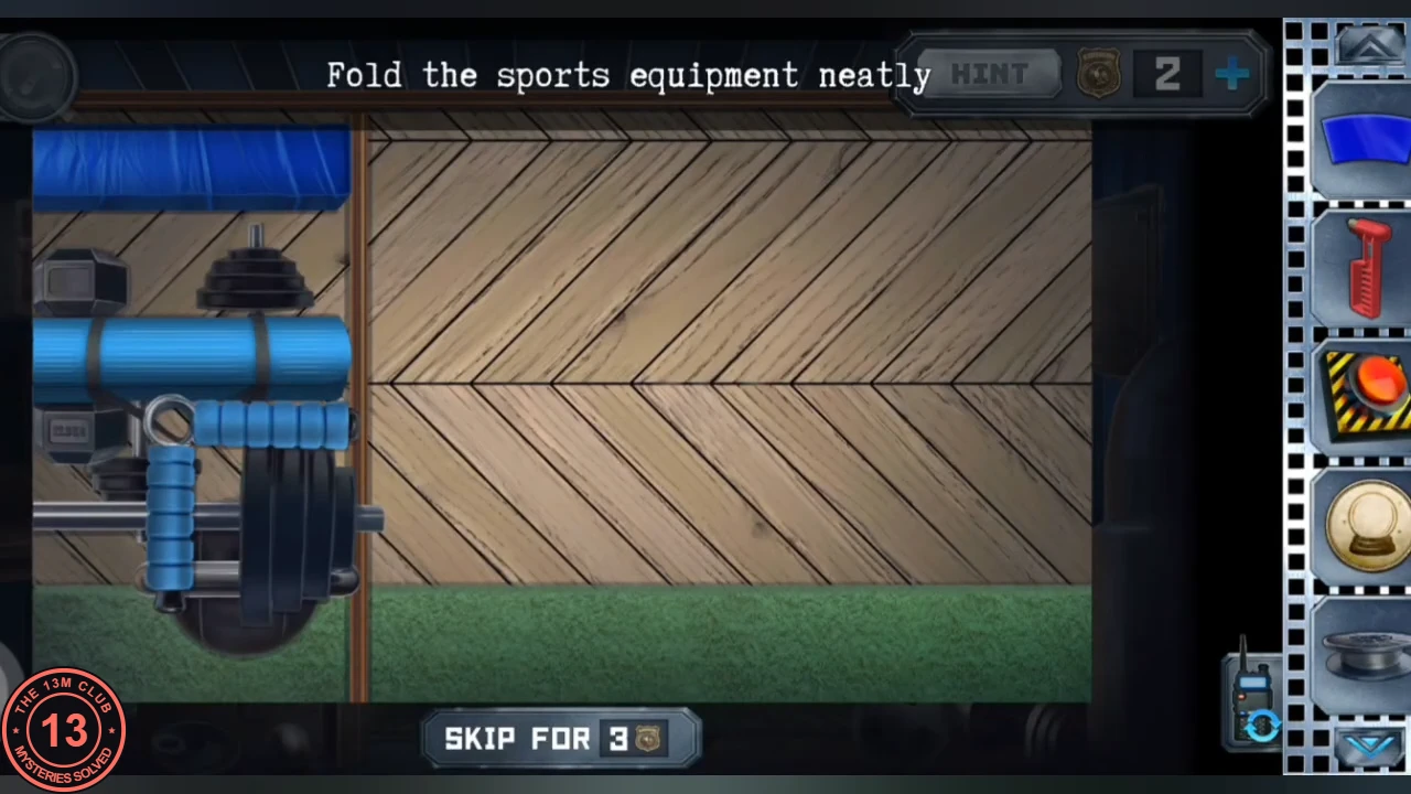 Gym equipment piled at the left of a wooden rack: mat, barbell, dumbbells, kettlebell and hand grip, with empty space to the right and the instruction 'Fold the sports equipment neatly'