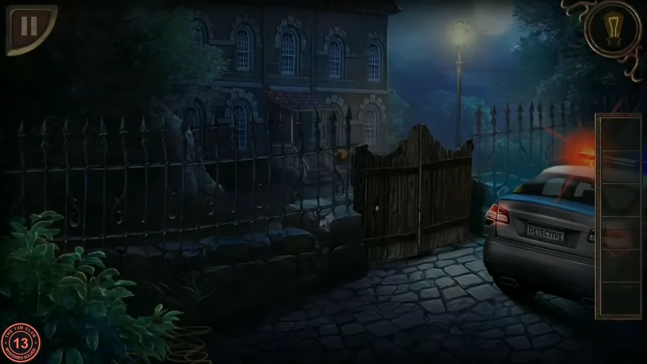 The locked wooden gate beside the police car outside the house on Elm Street, with a rope coiled on the ground at the bottom left.