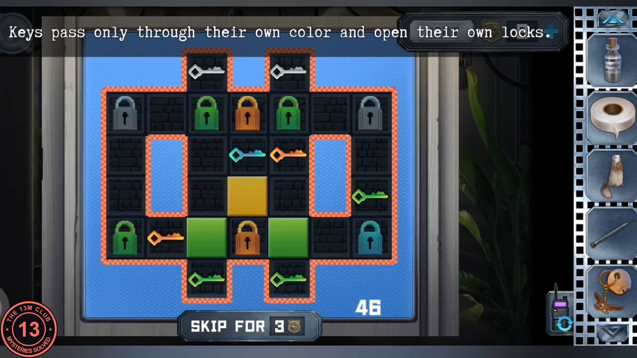 Keys maze on the gallery window padlock: white, green, cyan and orange keys on a dark brick grid with padlocks of matching colours, the move counter at 46, instruction Keys pass only through their own color and open their own locks