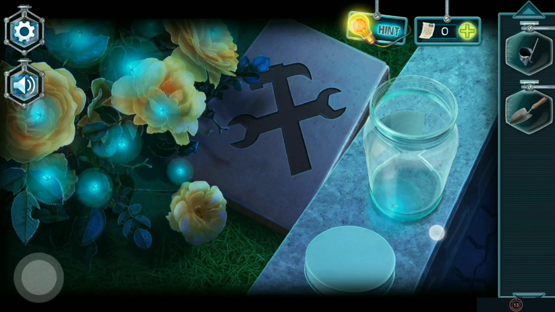 Rose bed with glowing fireflies beside the stone slab carved with a hammer and wrench, with the empty jar placed on it