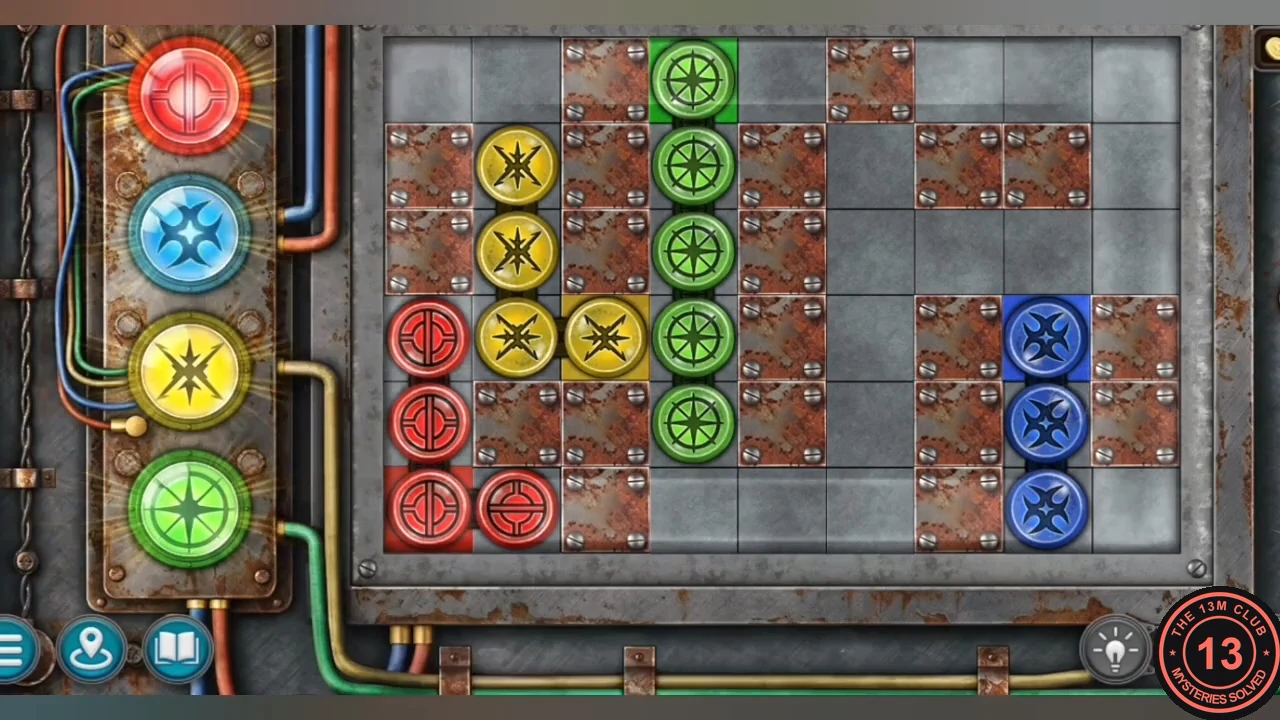 Solved snake puzzle with each snake's head on its own coloured target and all four dials lit