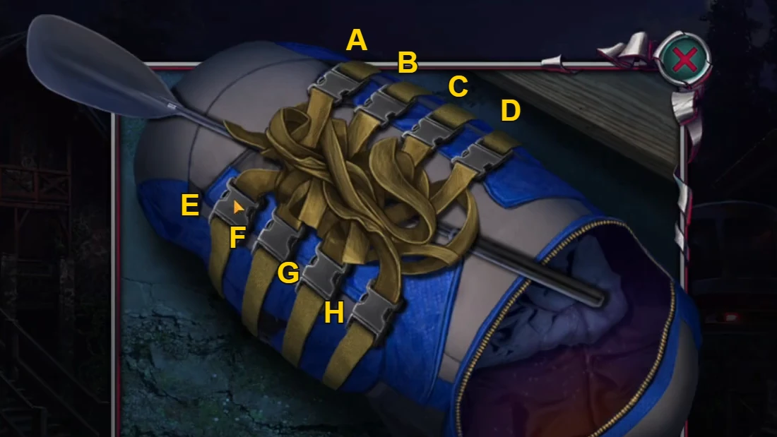 Bag with the top buckles labelled A to D and the side buckles labelled E to H