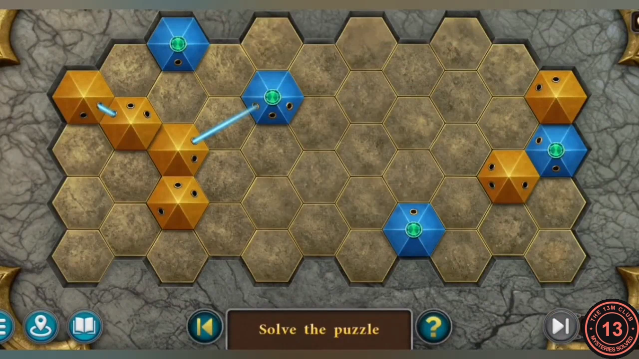 Altar beam puzzle: blue emitters and gold hexagonal prisms on a honeycomb board