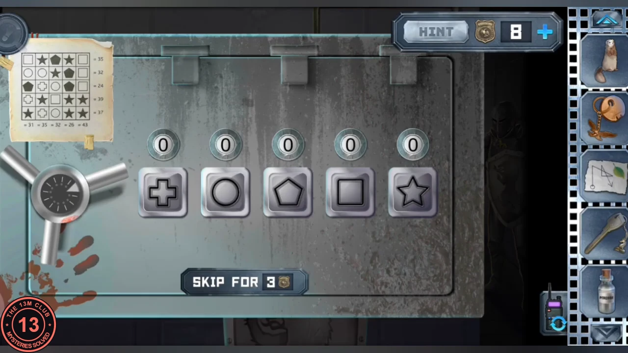 Museum safe with five symbol buttons (cross, circle, pentagon, square, star) all reading 0, and the mathematical picture of symbol sums pinned at the top left