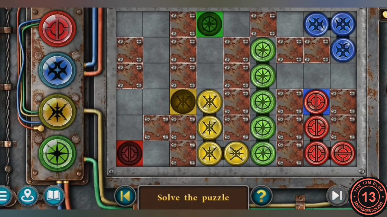 Snake puzzle on the lab door: red, blue, yellow and green snakes on a grid with rusty blocked plates and coloured target squares