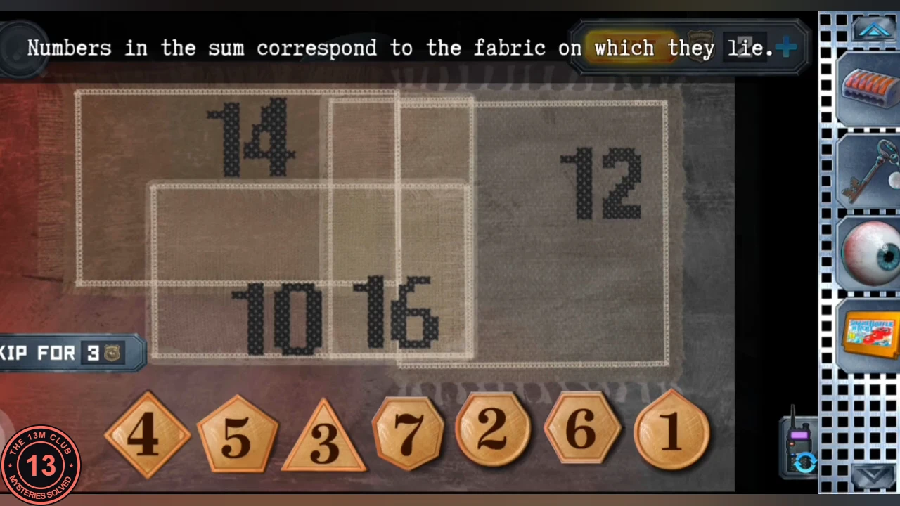 Overlapping pieces of fabric labelled 14, 12, 10 and 16 with seven numbered tiles 4, 5, 3, 7, 2, 6, 1 in a row below, instruction 'Numbers in the sum correspond to the fabric on which they lie.'