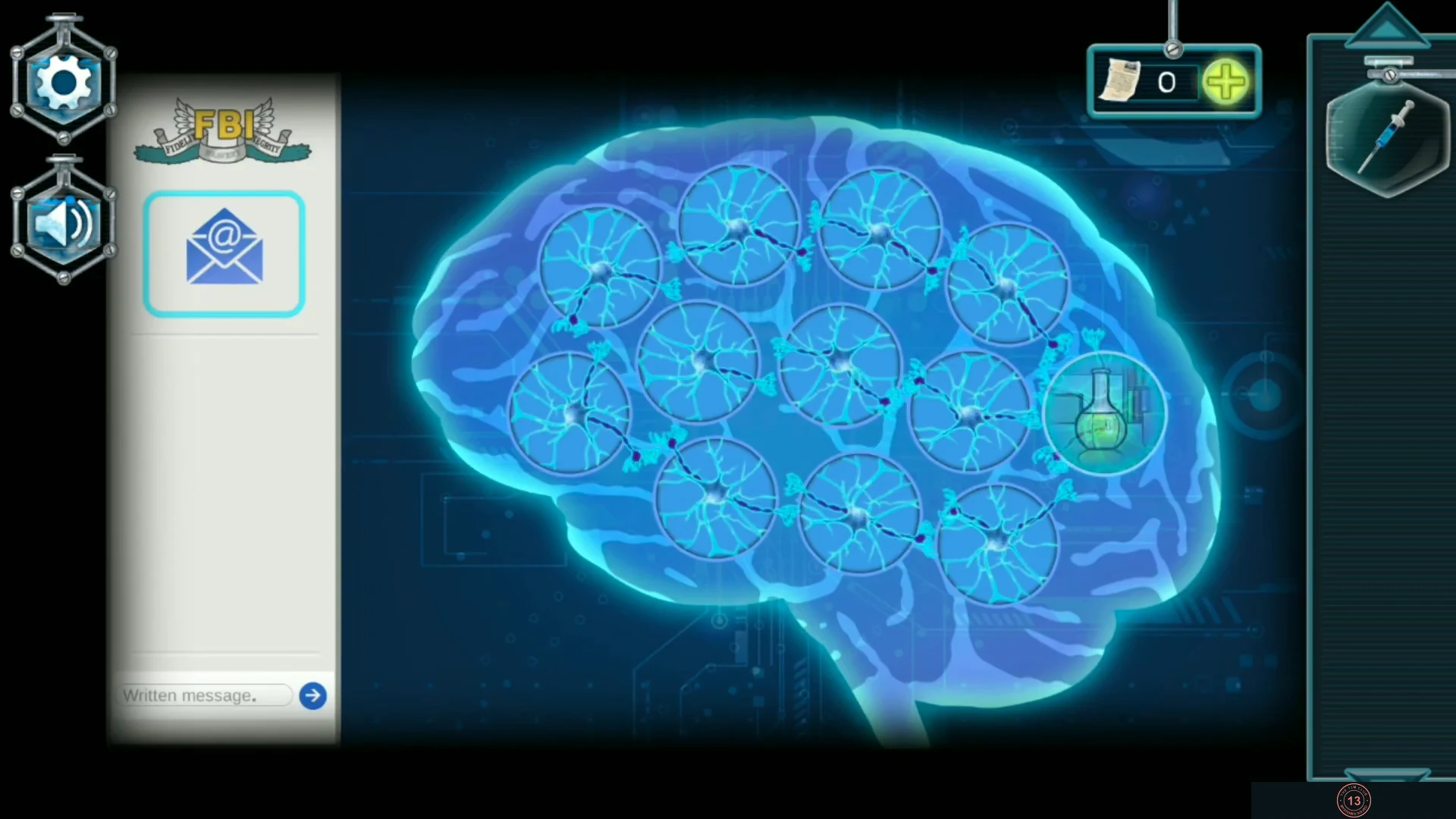 Study laptop showing the FBI mail panel beside a brain with twelve round nodes, one node turned up to show a flask picture