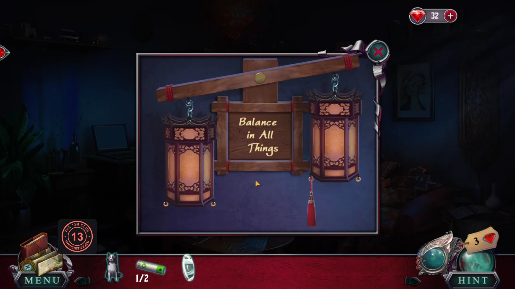 Beam with two hanging lanterns and the "Balance in All Things" sign