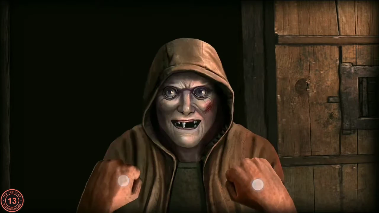 The hooded maniac with fists raised in front of a wooden door during the first-person fight.