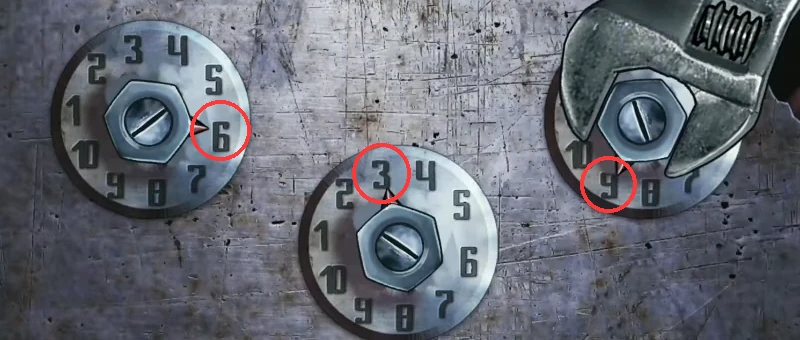 The three lock dials with red pointers at 6 on the left, 3 in the middle and 9 on the right, each target number circled in red, the wrench still on the right nut.