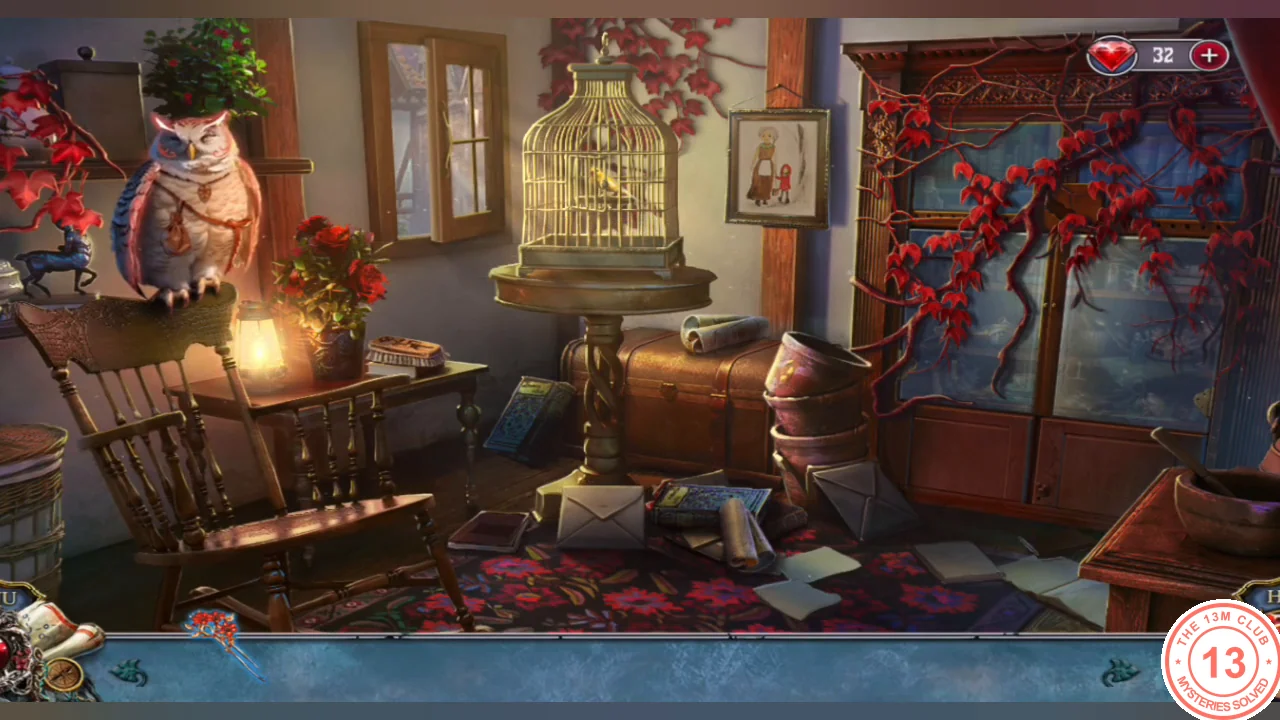 Granny's house floor strewn with two envelopes, two scrolls and two blue books around a trunk, beside the birdcage stand and flower pots
