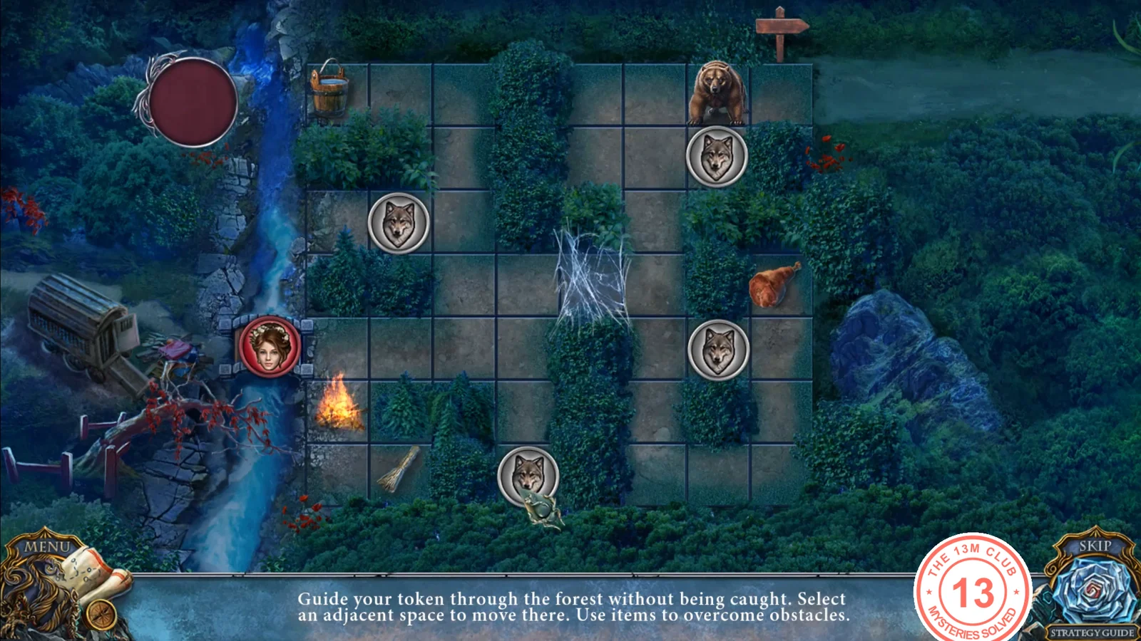 Forest board with your token, wolf tokens, a campfire, a spider web and a signpost