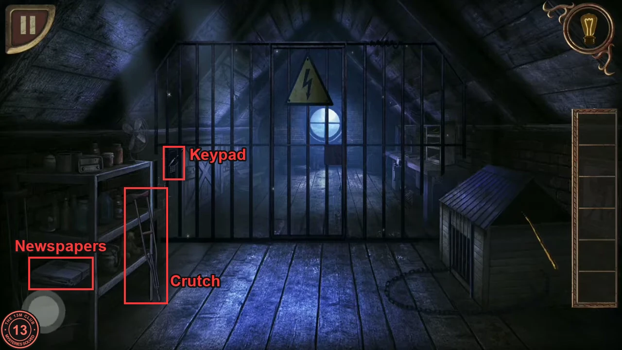 The attic after the dog is shut in its kennel, with the newspaper bundle on the bottom shelf of the left shelf unit, the crutch leaning against that unit and the gate keypad behind the bars outlined.