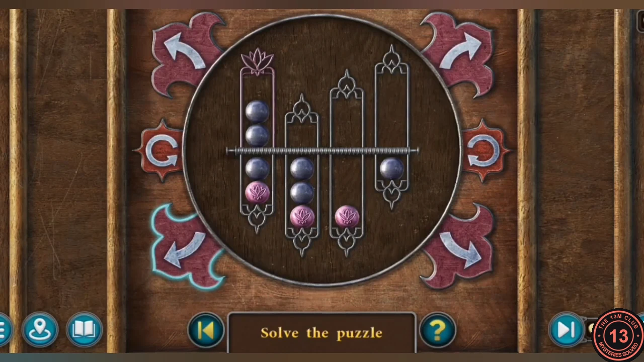 Round lotus tube puzzle with four tubes of balls and curved arrow buttons