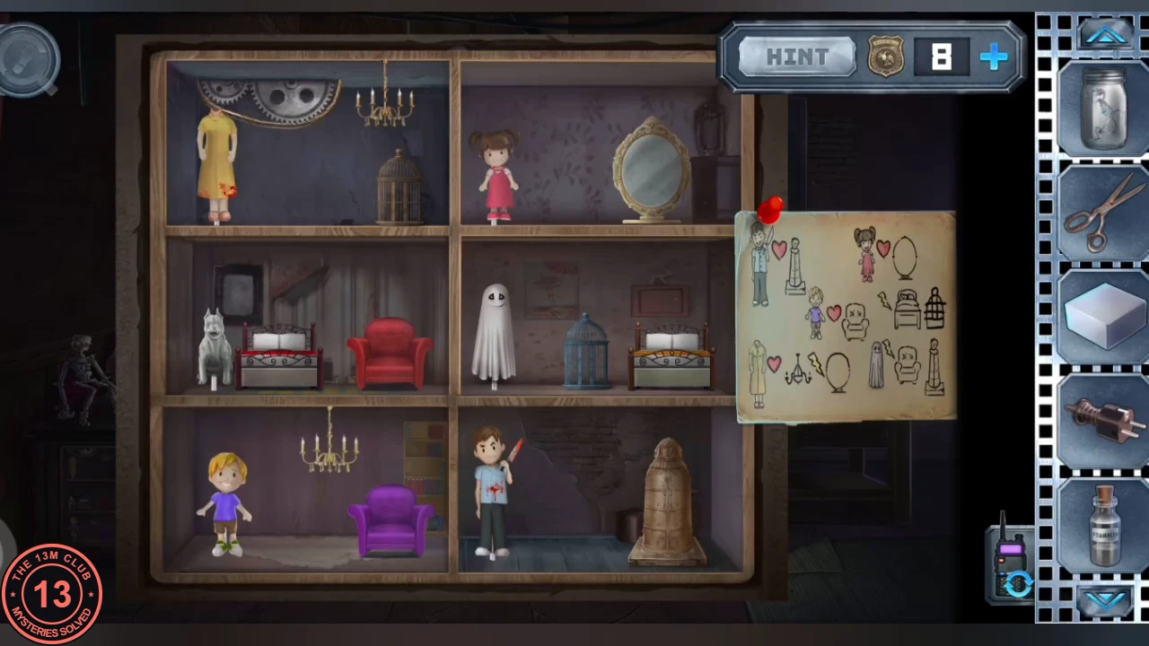 Dollhouse with two columns of three rooms: woman in yellow and girl in pink on the top floor, white dog and ghost in the middle, blond boy and boy with a knife at the bottom, with the rules poster of likes and dislikes pinned on the right