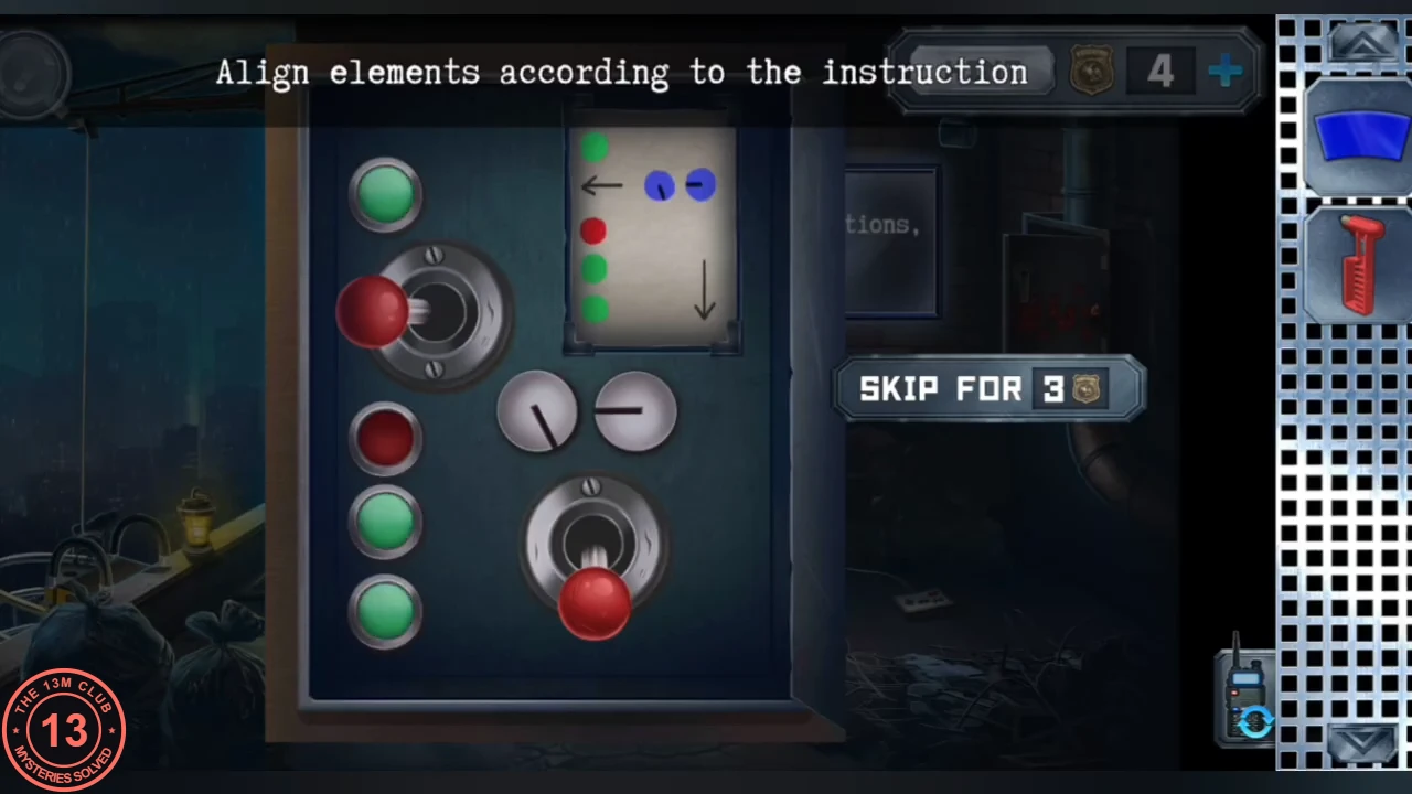 The switch panel set to match the cheat sheet: left joystick pushed left, left dial tilted and right dial horizontal, lower joystick pulled down, lamps from top green, red, green, green