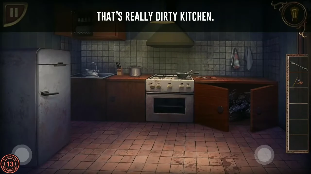 A dirty kitchen with a fridge, sink, stove, an open lower cabinet with rubbish bags and wall cabinets above.