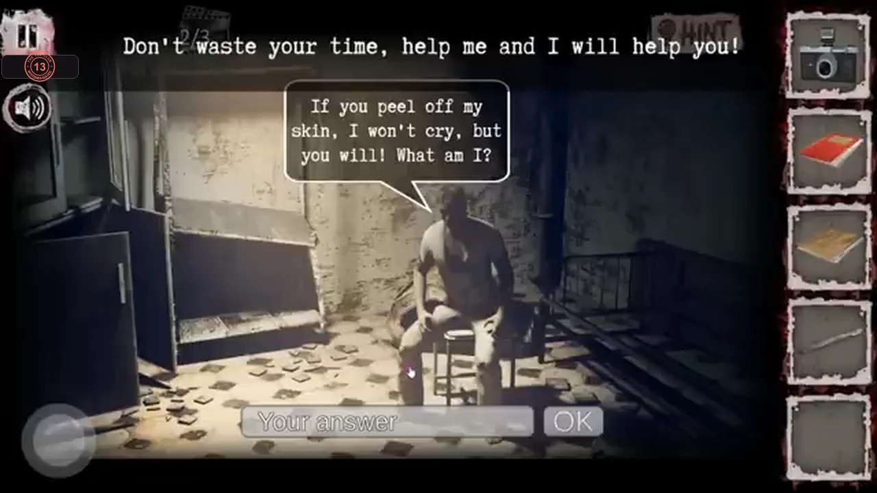 Man on a chair in a dark room asking a riddle, with a text field at the bottom