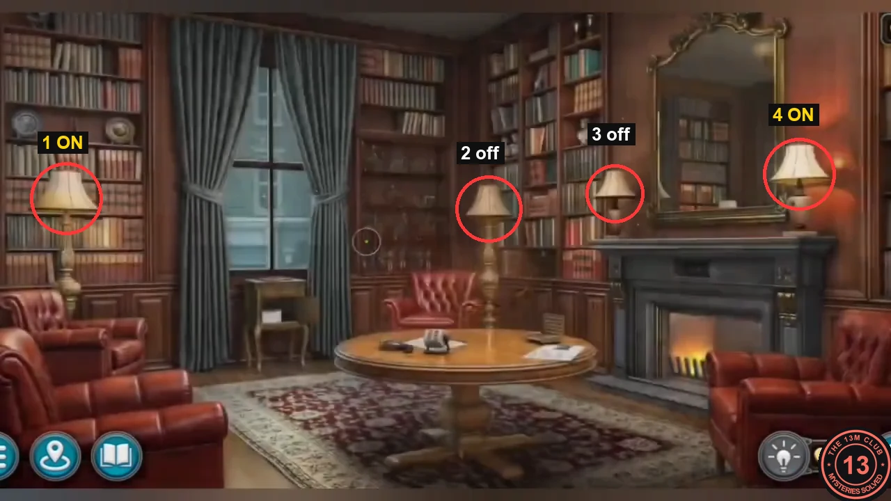 Library with the four lamps numbered 1 to 4 from left to right