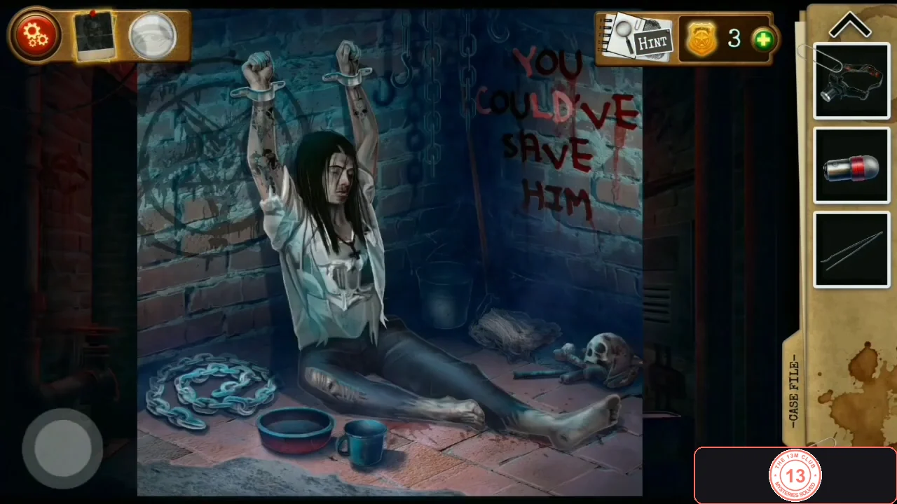 The chained captive in the cell under the blood writing YOU COULD'VE SAVE HIM