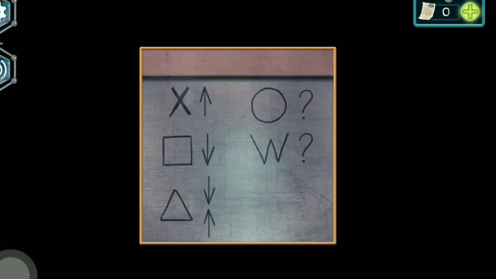Garage wall sheet with X and an up arrow, a square and a down arrow, a triangle between arrows, and O and W with question marks