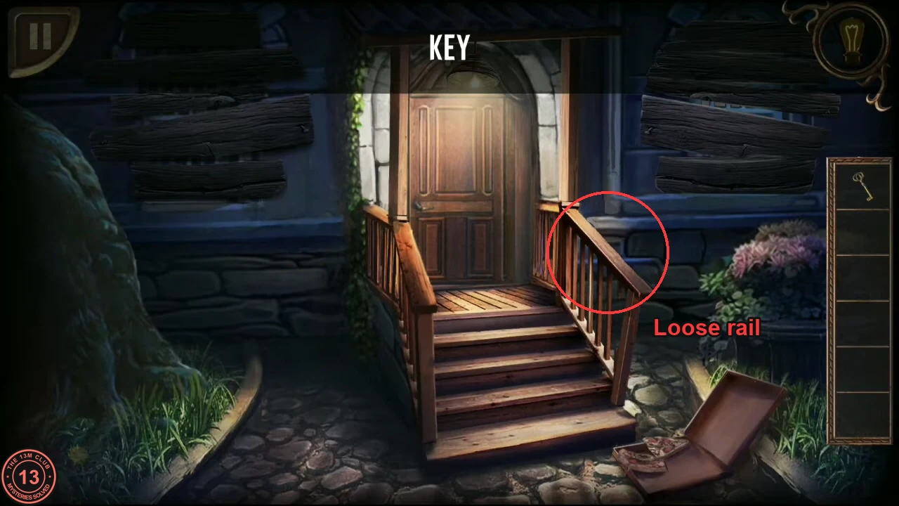 The porch with the key already in the inventory and the loose top rail of the right-hand porch railing circled and labelled.