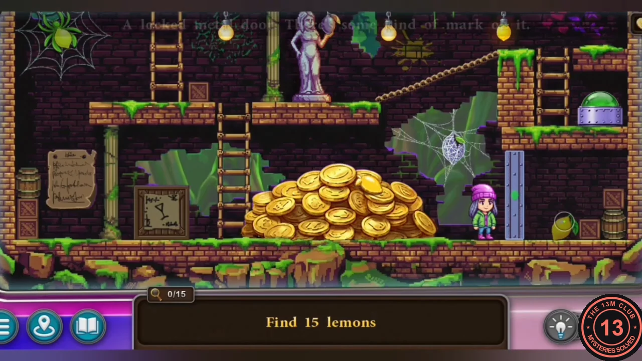 Diner arcade game: a pink-haired hero in a cavern with ladders, statues and a pile of gold coins, with the Find 15 lemons bar