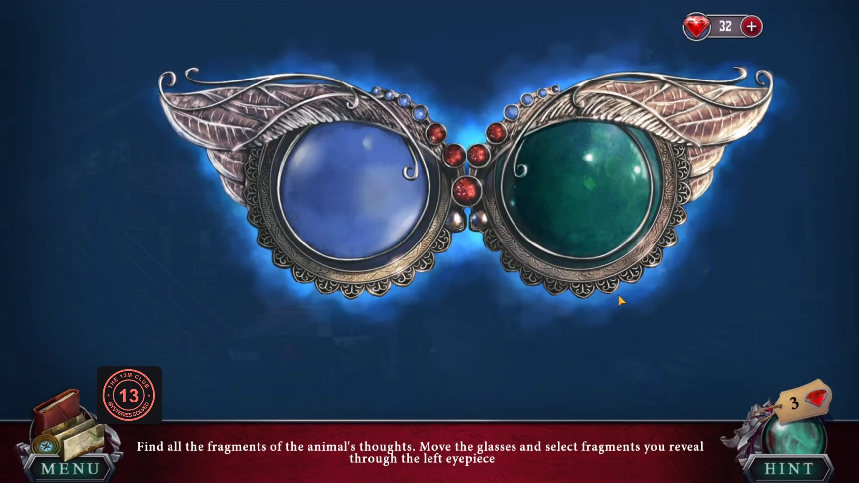Artifact glasses on a dark blue background, both eyepieces still empty, with the memory instructions below