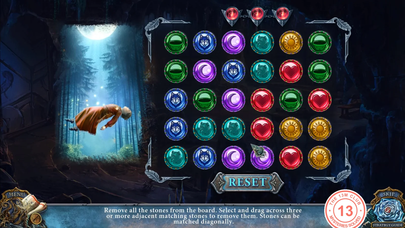 Board of colored symbol stones beside Margaret floating in a moonlit forest, with a RESET button