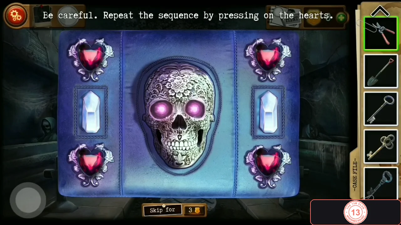 Blue box with a decorated skull in the middle, four red hearts in the corners and two empty crystals, with the instruction Repeat the sequence by pressing on the hearts