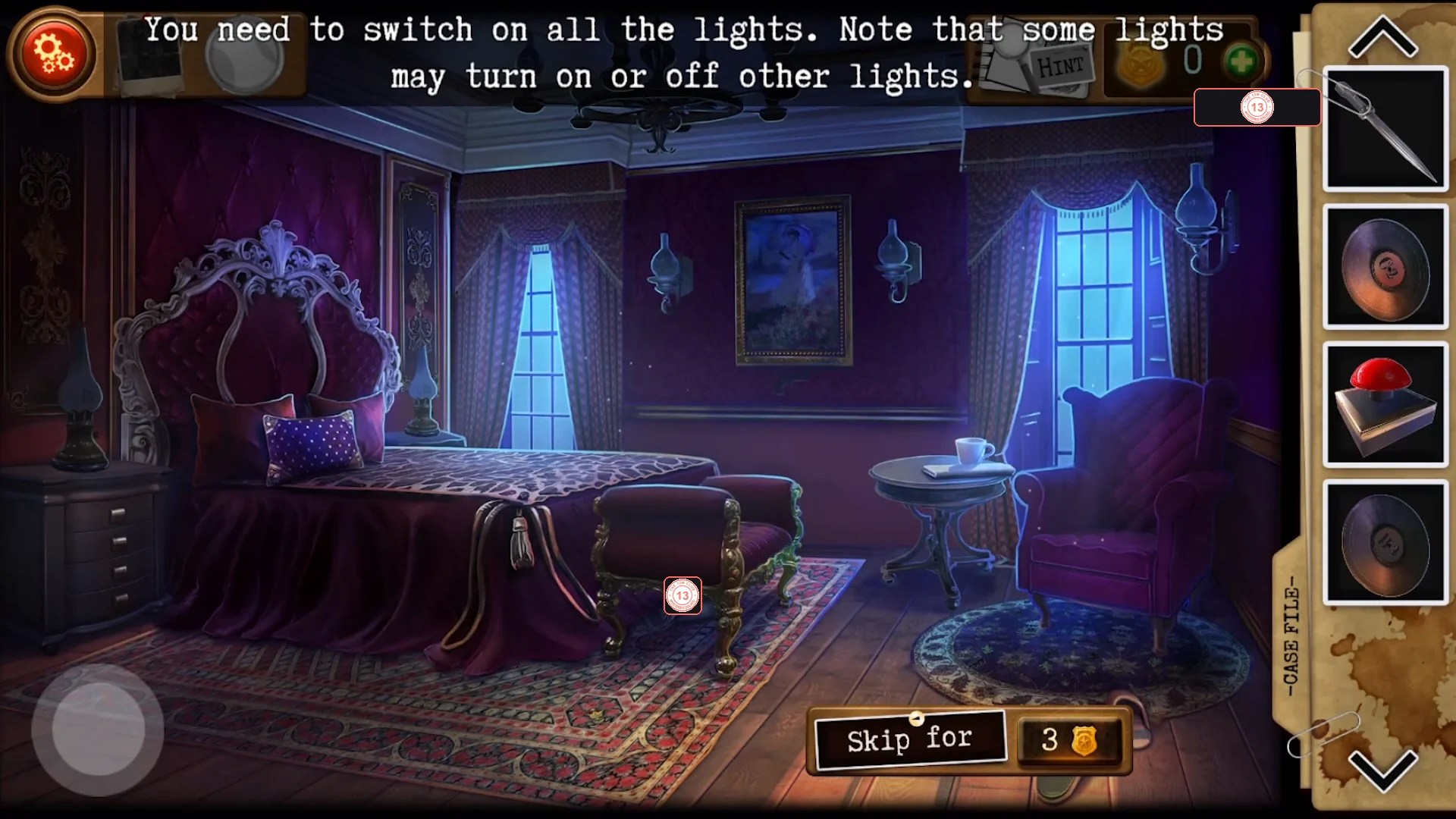 Dark bedroom with an ornate bed, bedside lamps, wall sconces and a painting, with the instruction You need to switch on all the lights