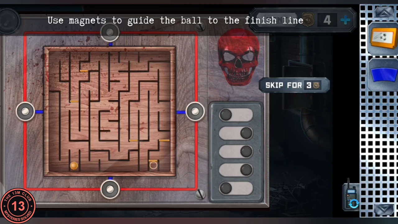 Wooden maze board with a gold ball at the bottom left, four magnets on the board edges, a red skull and a column of five toggle switches on the right