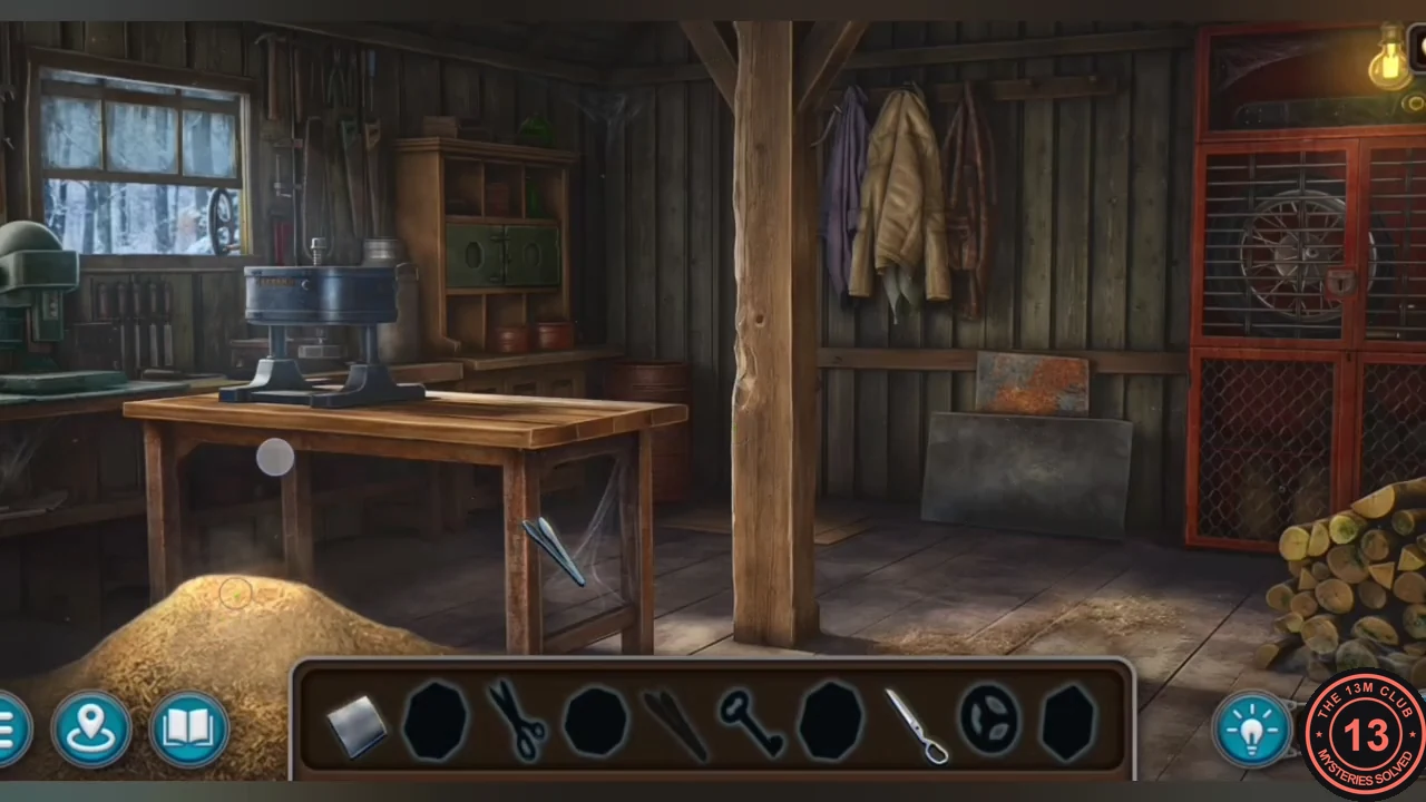 Garage workshop with a workbench, hanging coats and the red wheel cage, with object silhouettes in the bottom bar