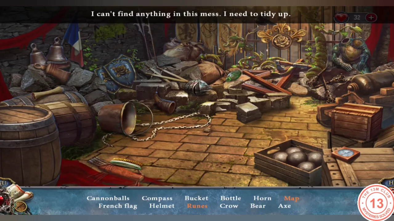 Armory hidden-object scene with cannonballs in a crate and the item list below