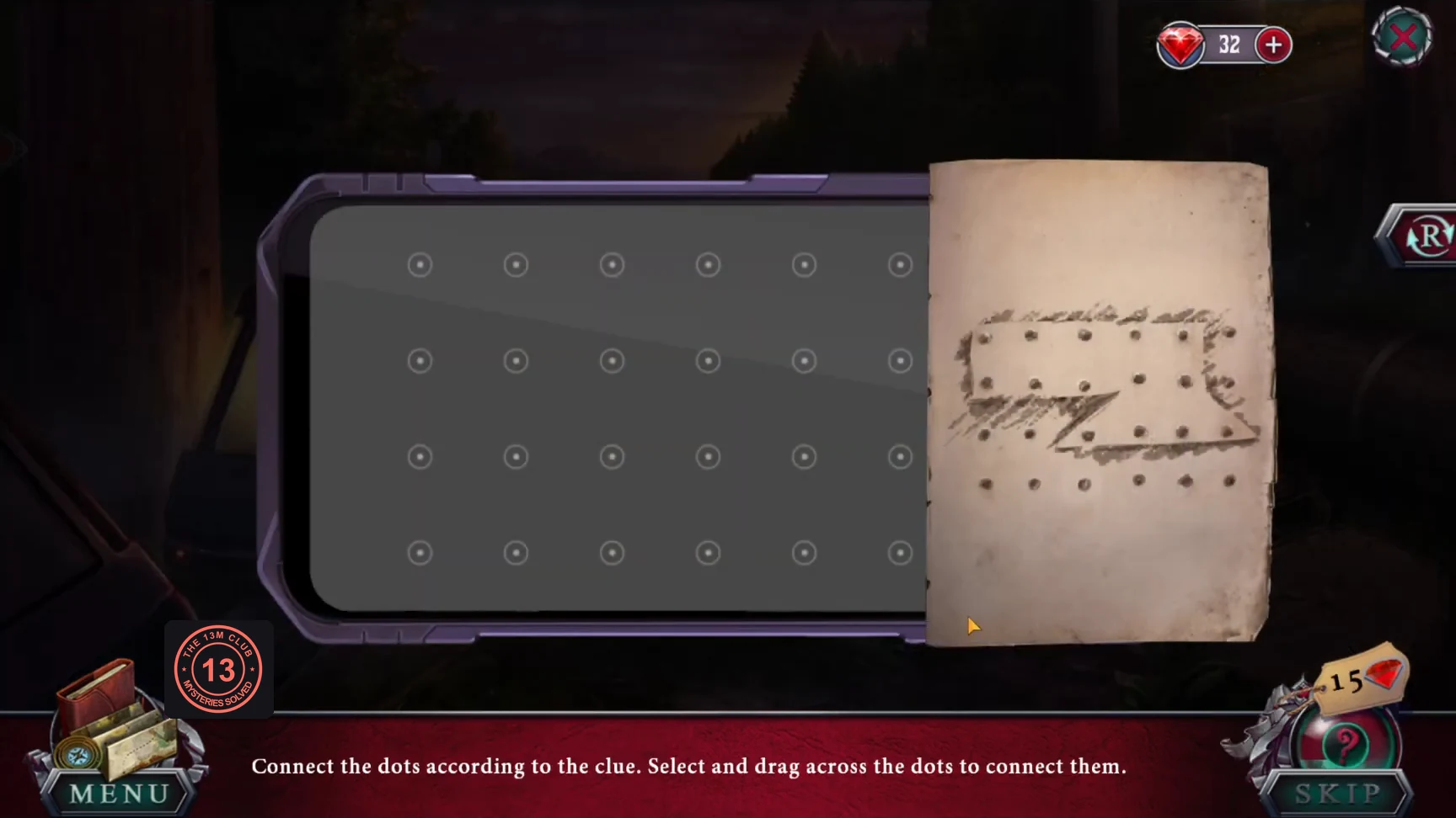 Locked phone with a grid of dots and the paper clue beside it
