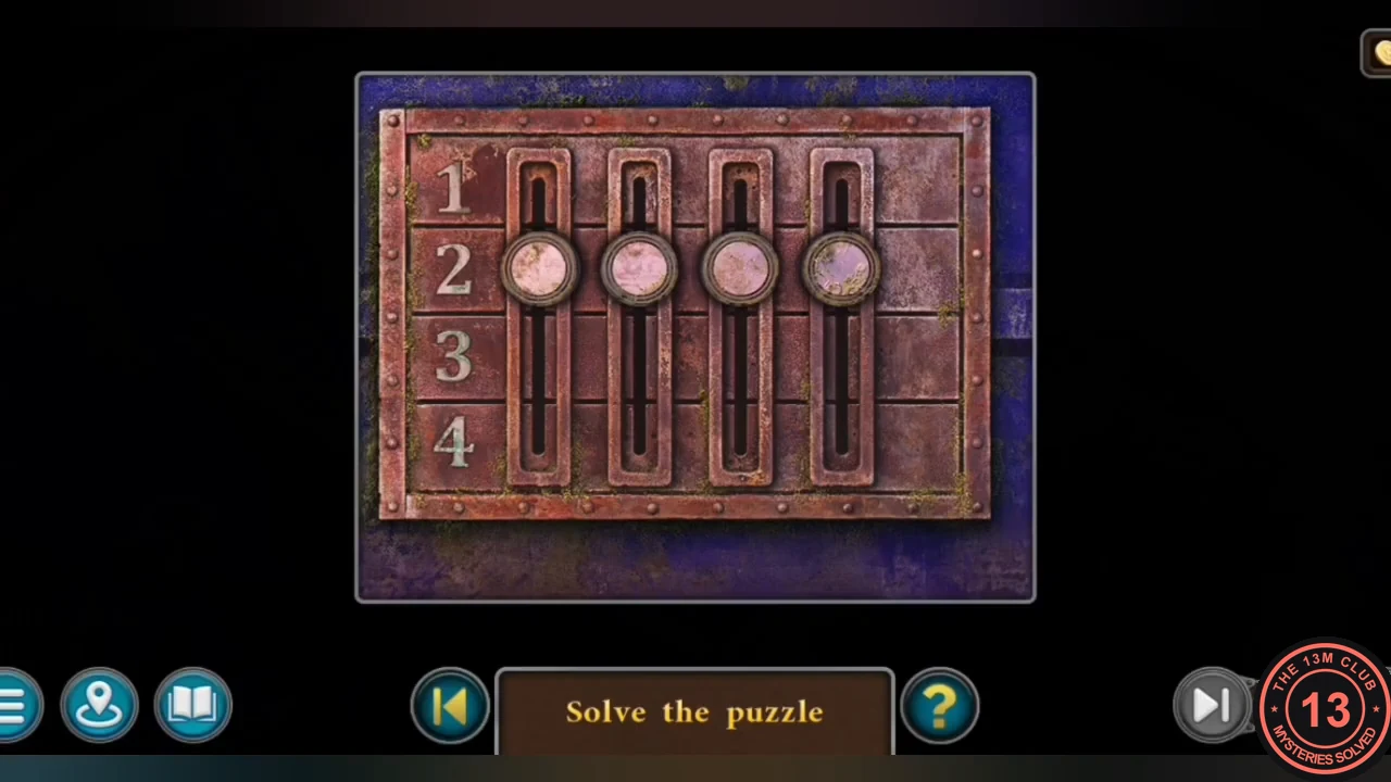 Slider lock on the blue chest: four sliders in columns, all at position 2, with rows numbered 1 to 4