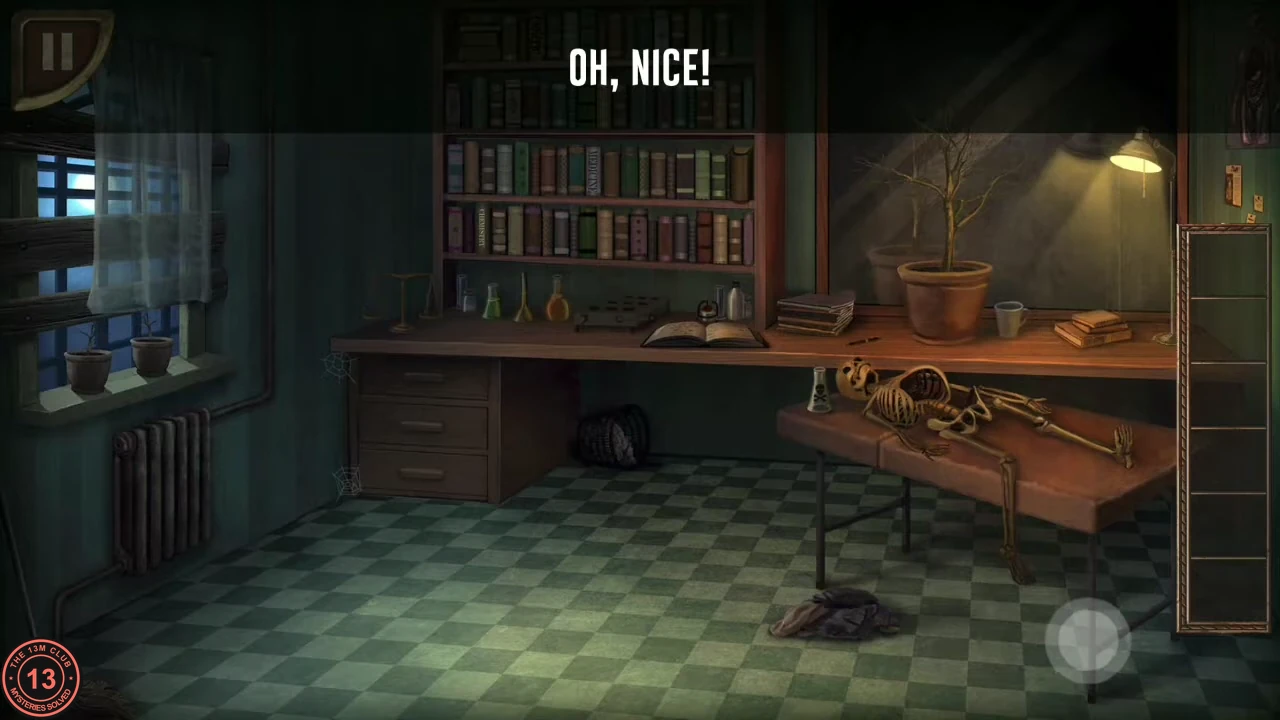 The laboratory lit by the desk lamp, with a bookshelf, an open notebook and a small apparatus on the desk, and a skeleton on a table.