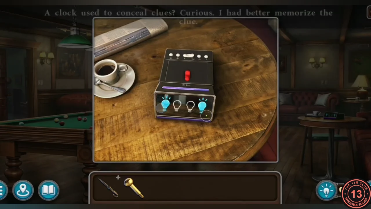 Clock radio in the billiard room with four lights: on, off, off, on