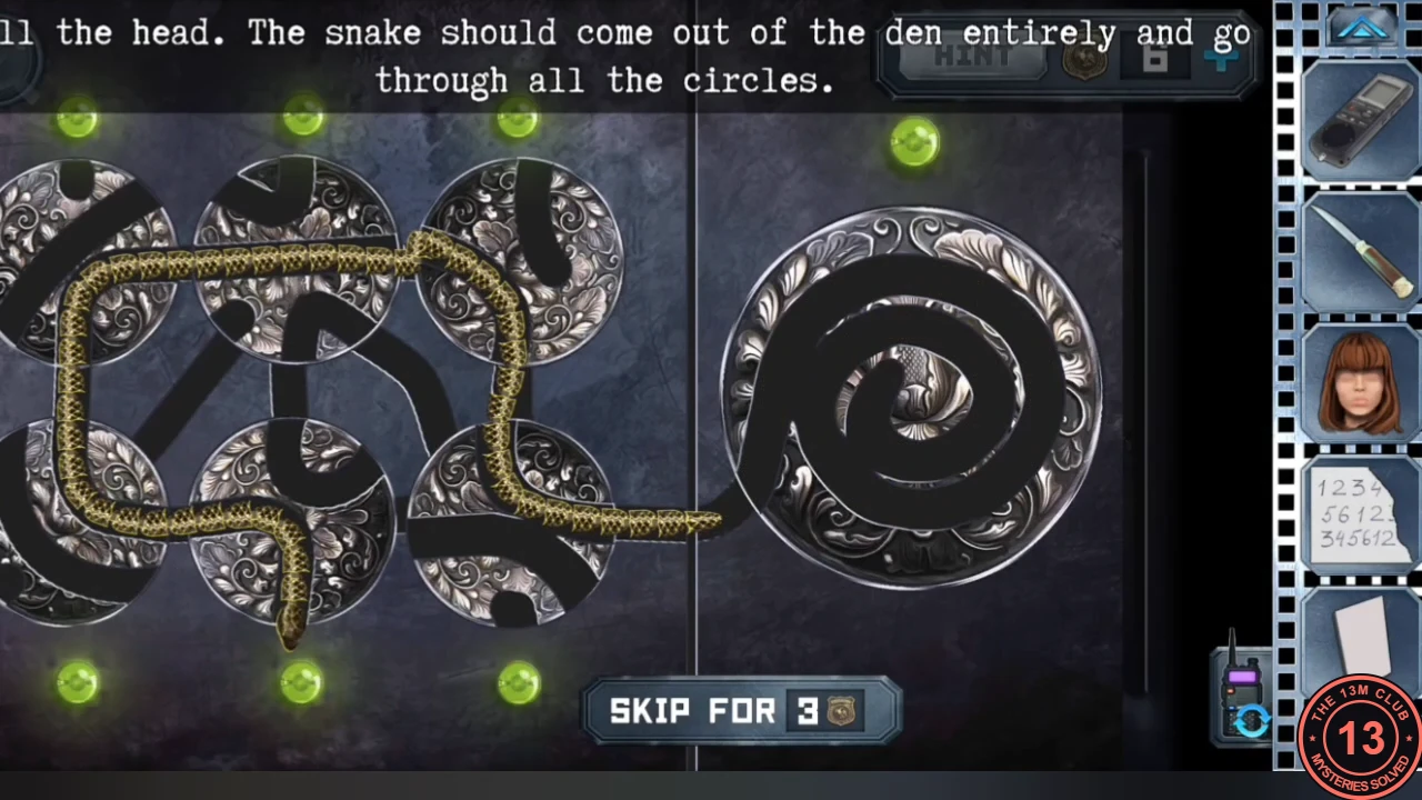 The snake puzzle solved: the snake has left its den and its body runs through all six discs, with every lamp lit green