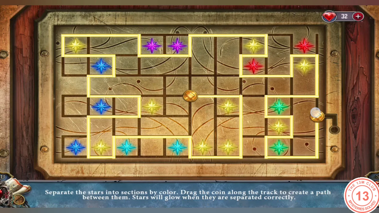 Solved star puzzle with glowing lines fencing off the blue, purple, red, yellow, cyan and green stars