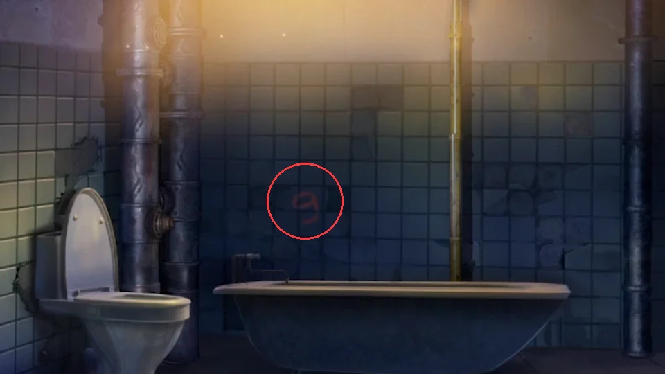 Second basement room with a bathtub and a faint red 9 circled on the wall tiles above it
