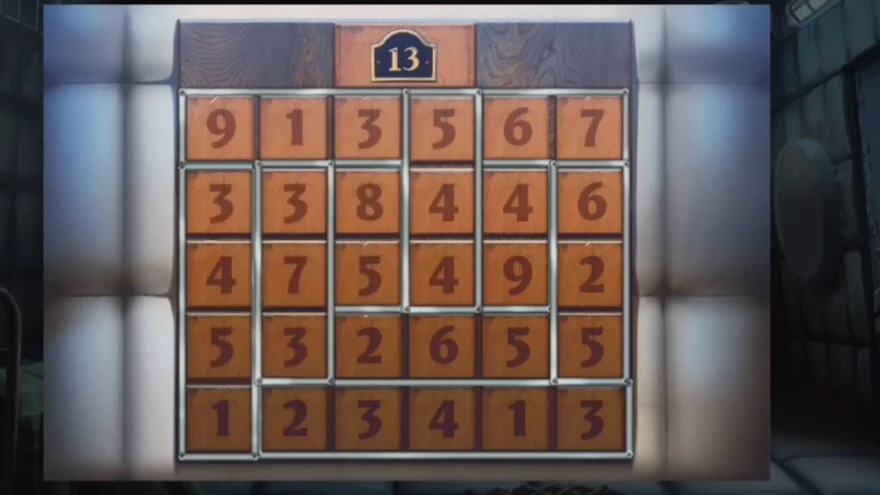 Number board with every metal frame placed so the numbers inside each frame add up to 13, for example 9 1 3 across the top left and 2 3 4 1 3 along the bottom right