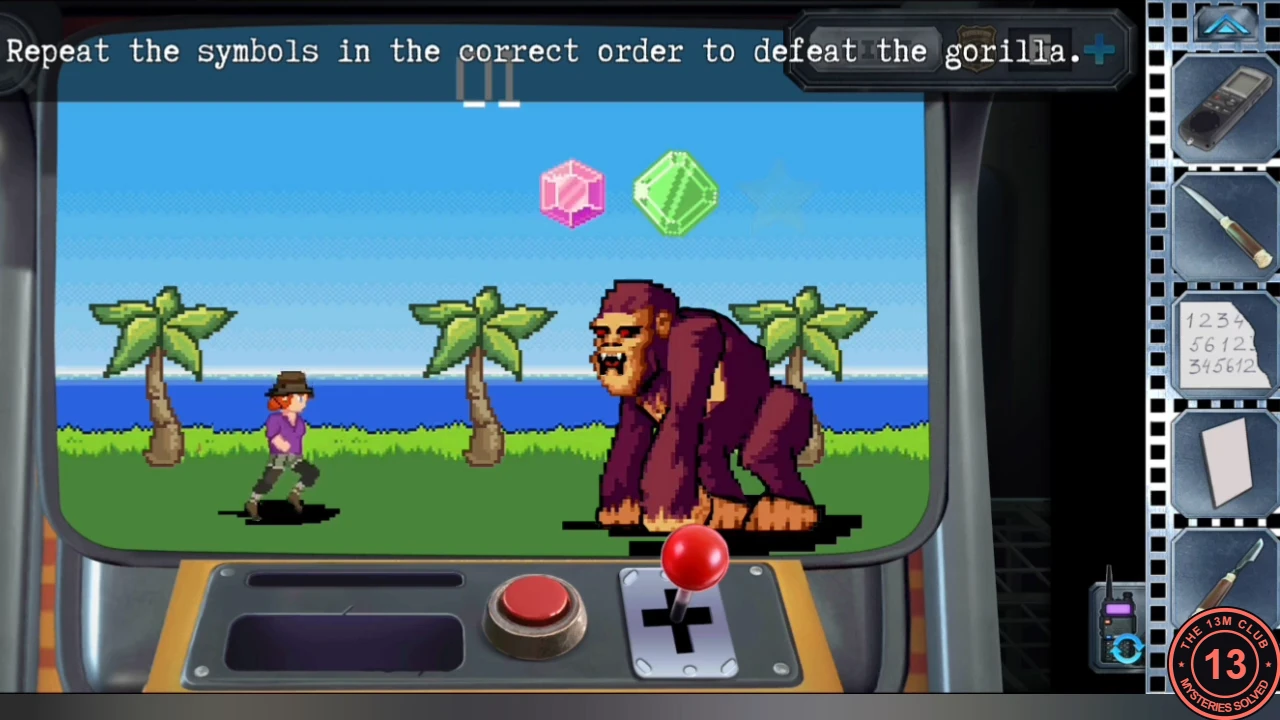 The mirror-room arcade game: a pixel-art explorer facing a purple gorilla on a beach, with a pink gem and a green gem shown above for round 01; instruction 'Repeat the symbols in the correct order to defeat the gorilla'