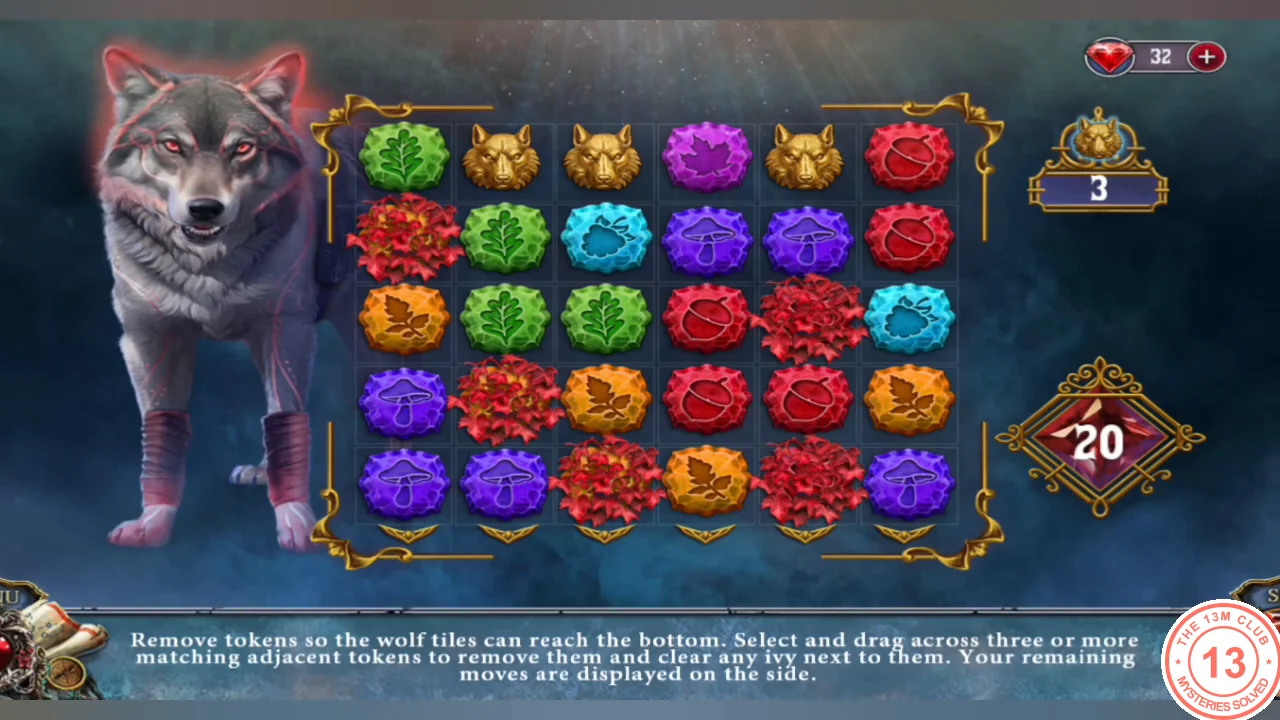 Wolf token board with three wolf tiles in the top row; 20 moves remaining