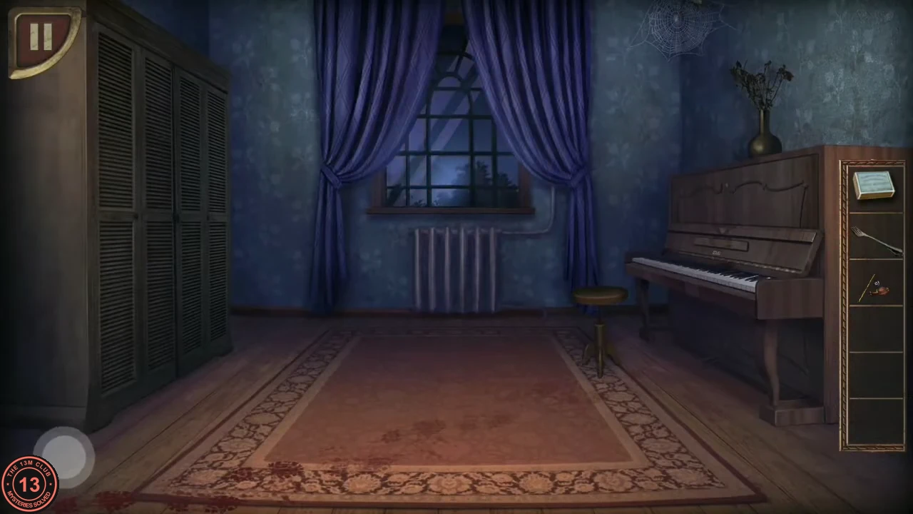 A blue room with a large slatted wardrobe on the left, a window with purple curtains and an upright piano on the right.