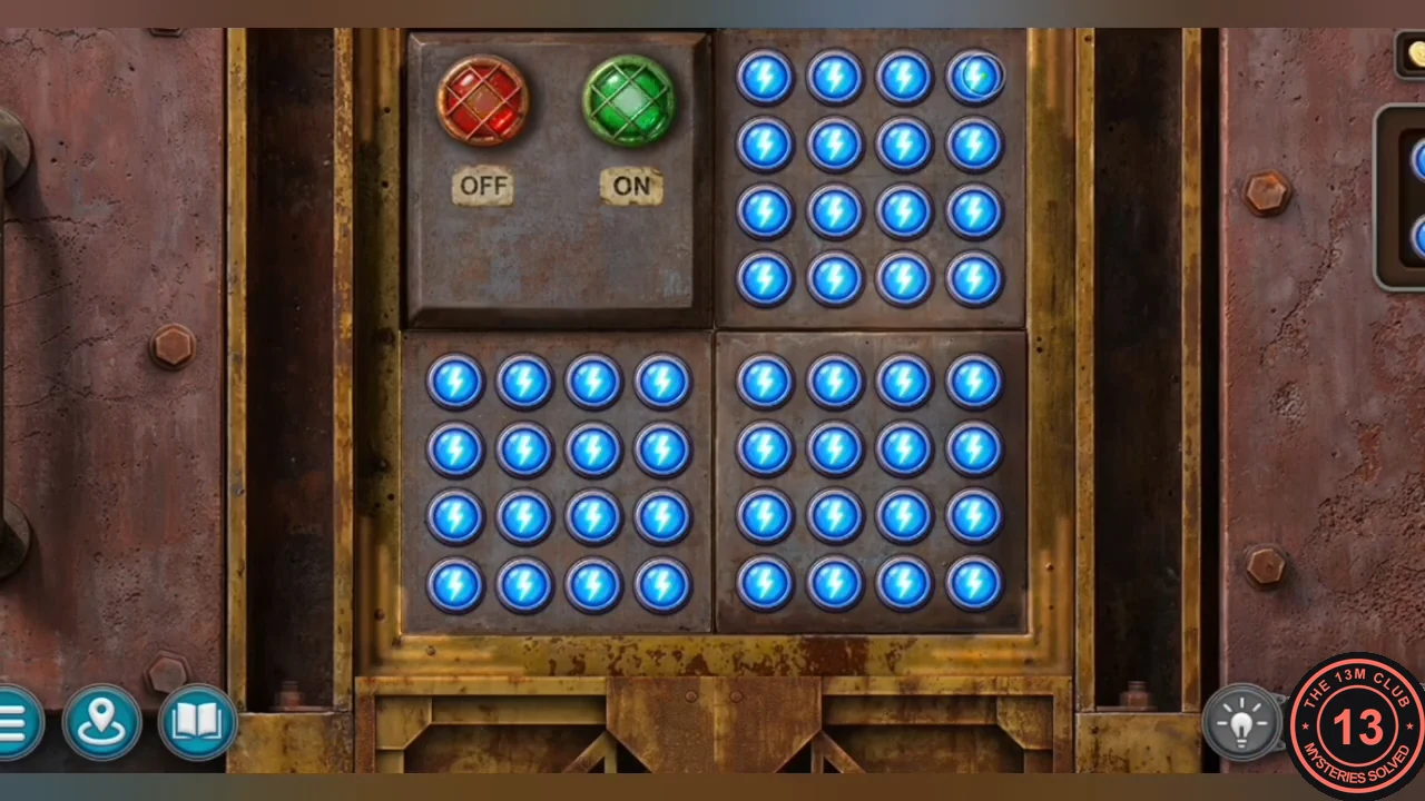 Solved lamp puzzle with all 48 lamps lit and the ON indicator green